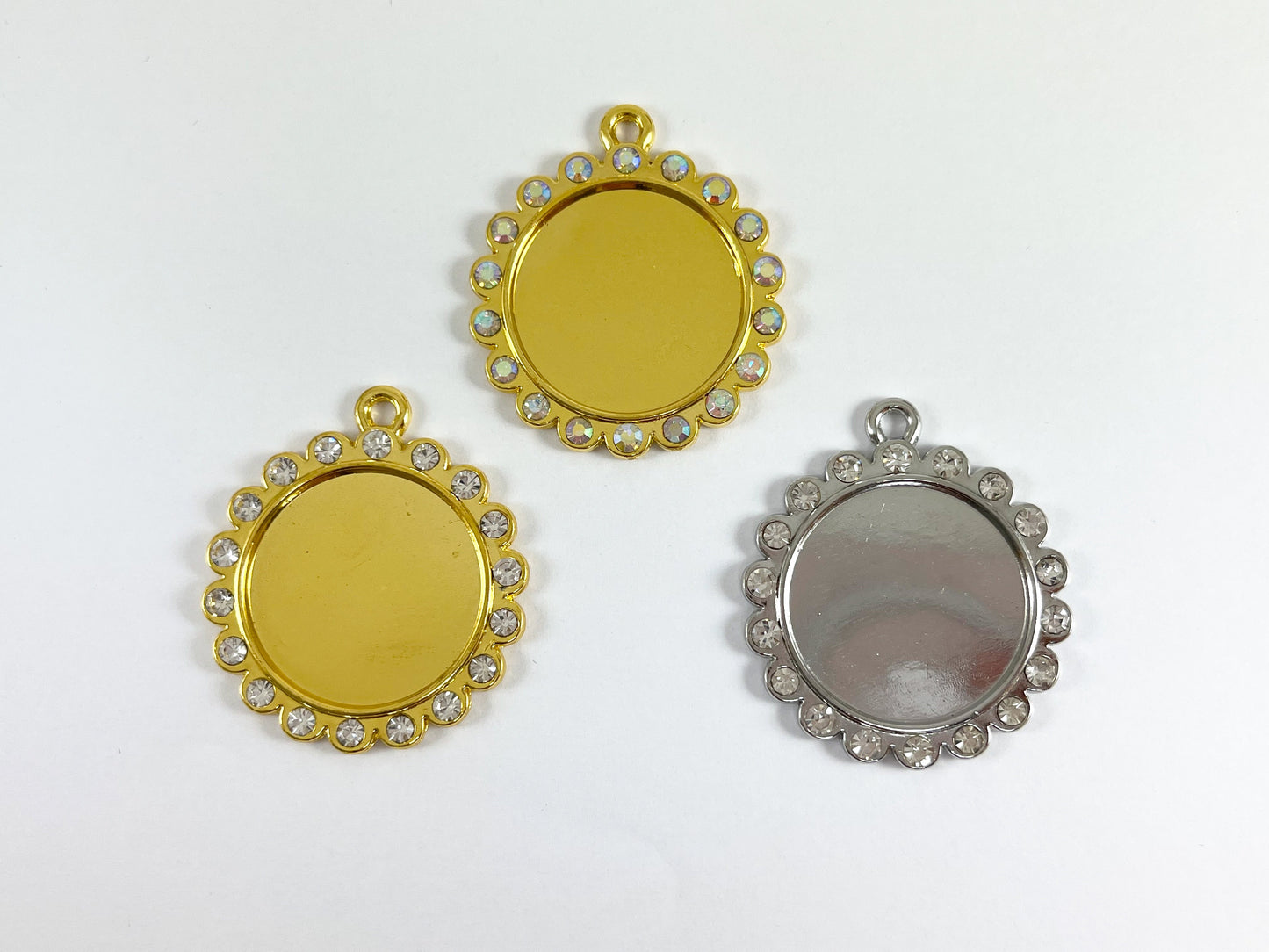 35mm Pewter Base Metal Rhinestone Coin Flower Bezel Tray Pendant Available in Gold and  Silver, Clear and Clear AB