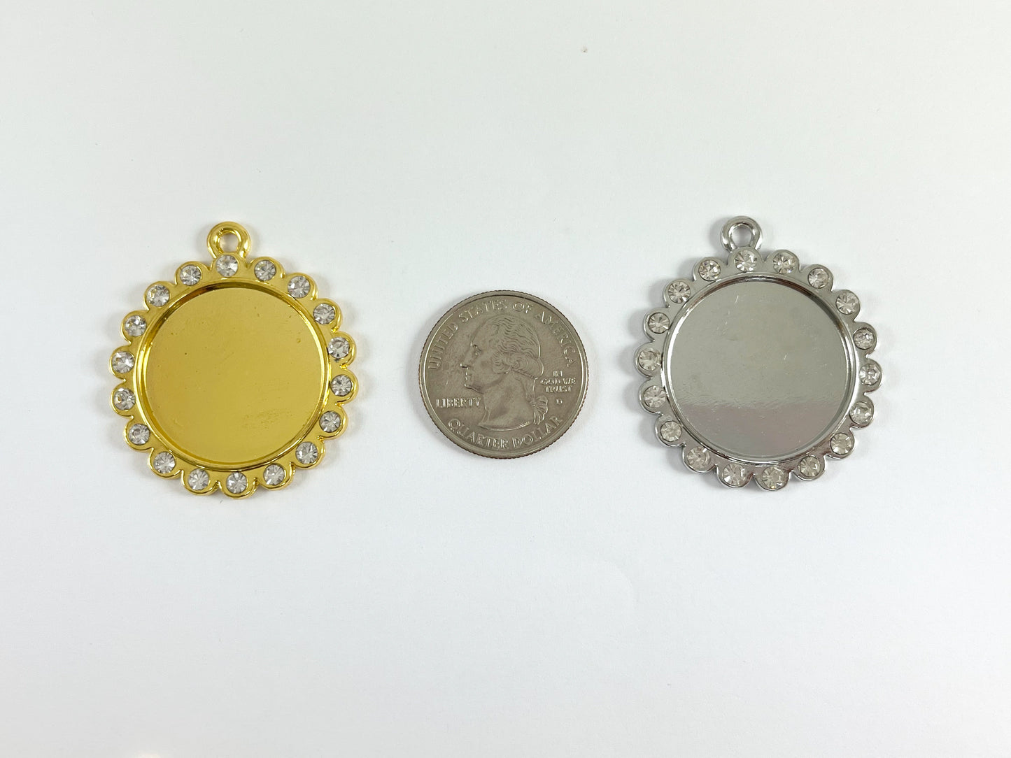 35mm Pewter Base Metal Rhinestone Coin Flower Bezel Tray Pendant Available in Gold and  Silver, Clear and Clear AB