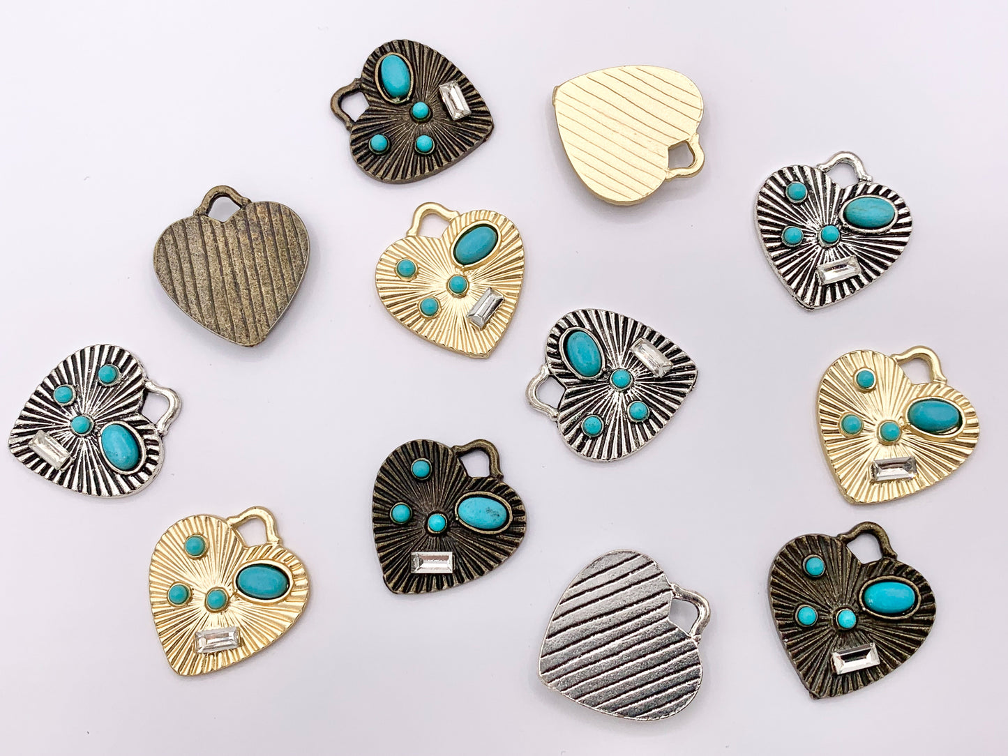 20mm Pewter Heart With Turquoise Charms Valentine's Day Heart Pendants in Matte Gold, Silver and Bronze Color