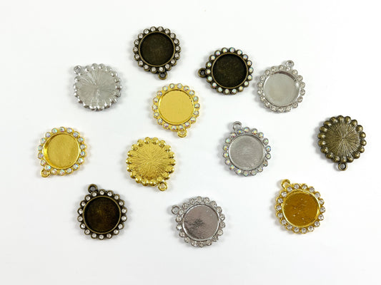 25mm Pewter Base Metal Rhinestone Coin Flower Bezel Tray Pendant Available in Gold , Silver and Brass, Clear and Clear AB