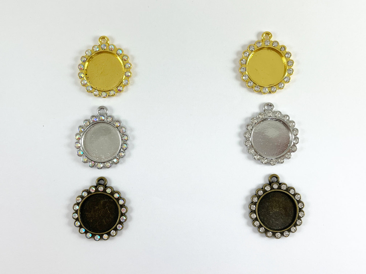 25mm Pewter Base Metal Rhinestone Coin Flower Bezel Tray Pendant Available in Gold , Silver and Brass, Clear and Clear AB