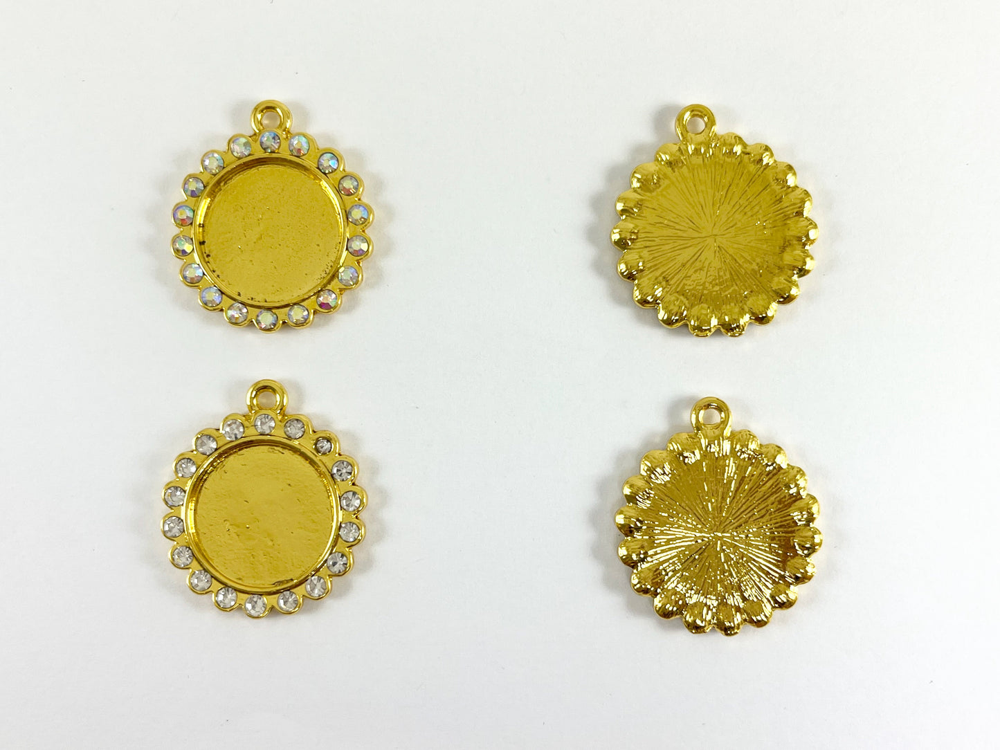 25mm Pewter Base Metal Rhinestone Coin Flower Bezel Tray Pendant Available in Gold , Silver and Brass, Clear and Clear AB