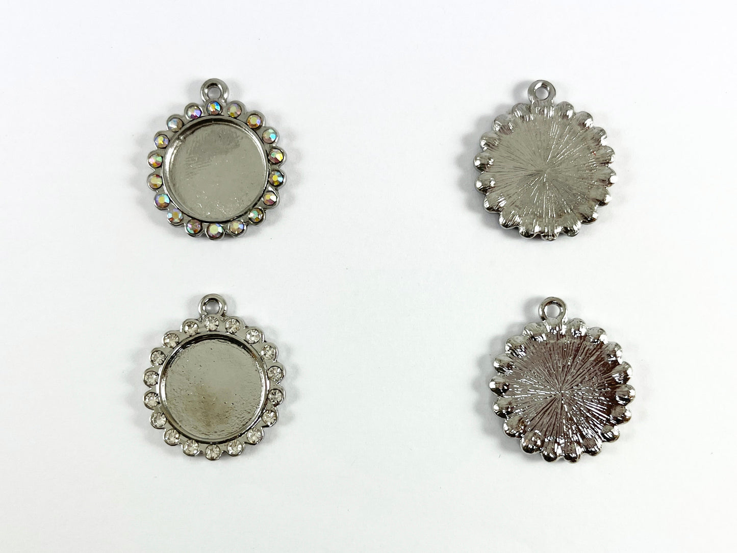 25mm Pewter Base Metal Rhinestone Coin Flower Bezel Tray Pendant Available in Gold , Silver and Brass, Clear and Clear AB