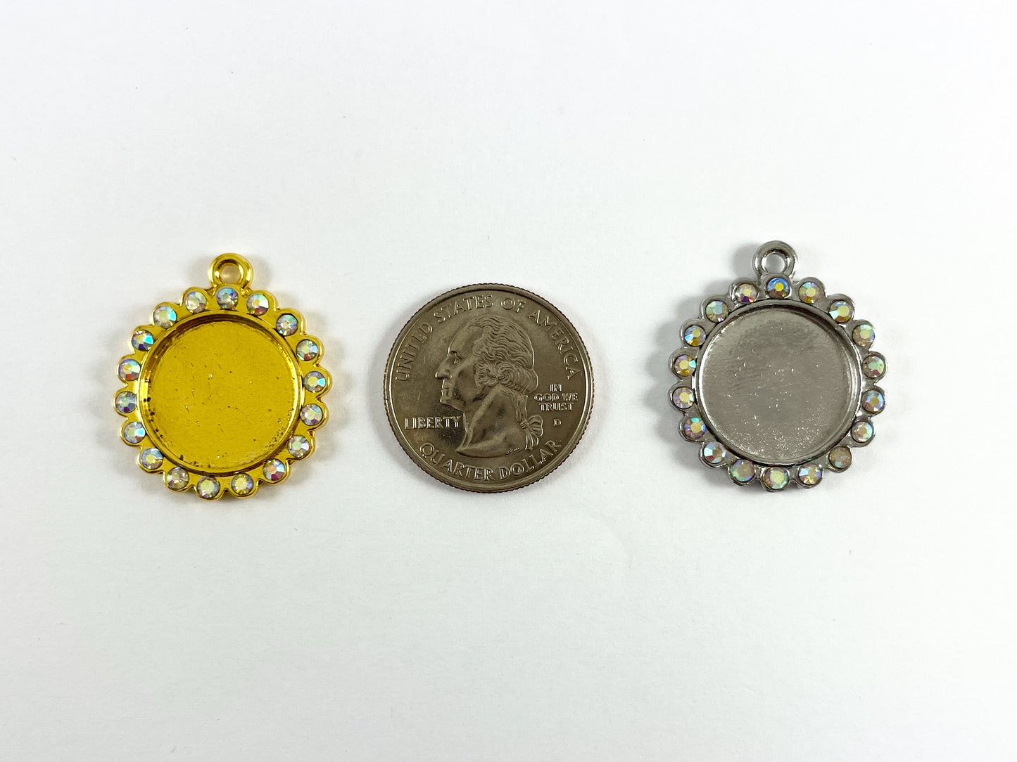 25mm Pewter Base Metal Rhinestone Coin Flower Bezel Tray Pendant Available in Gold , Silver and Brass, Clear and Clear AB