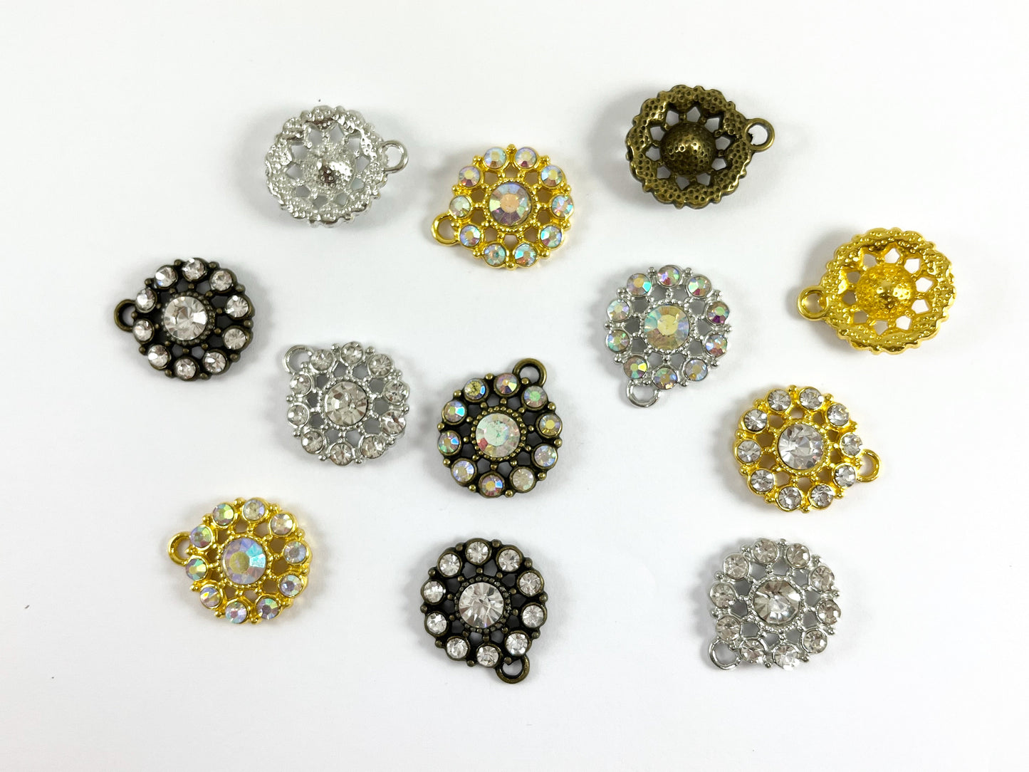 21mm Pewter Rhinestone Coin Flower Pendant Available in Gold , Silver and Brass, Clear and Clear AB