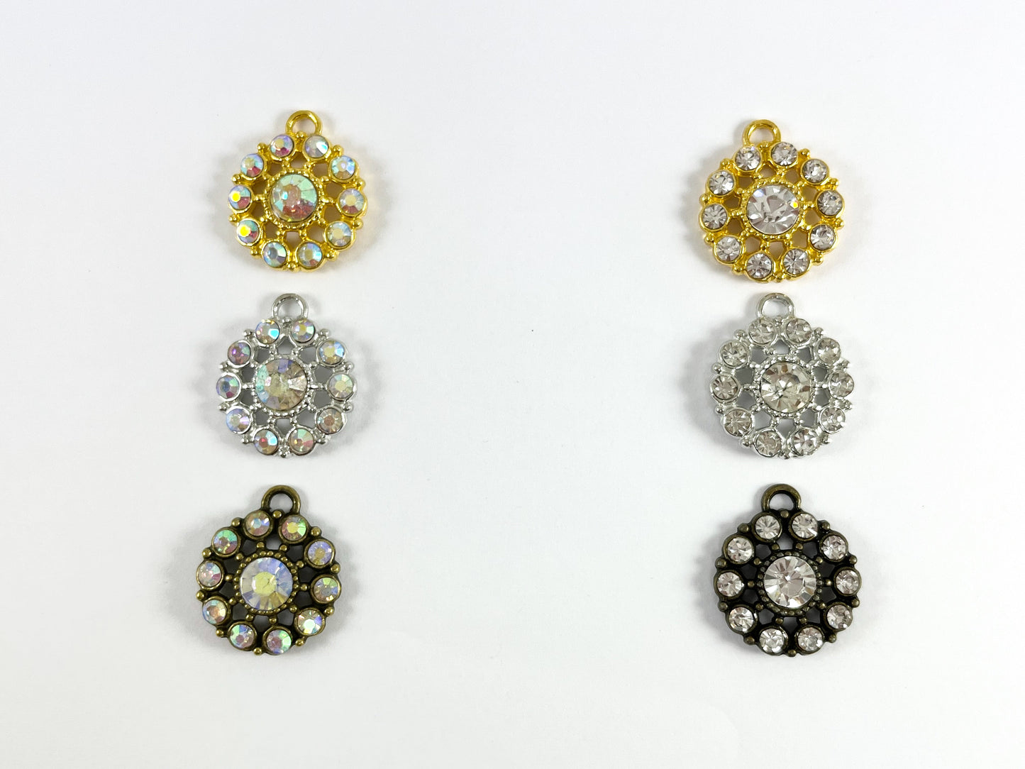 21mm Pewter Rhinestone Coin Flower Pendant Available in Gold , Silver and Brass, Clear and Clear AB