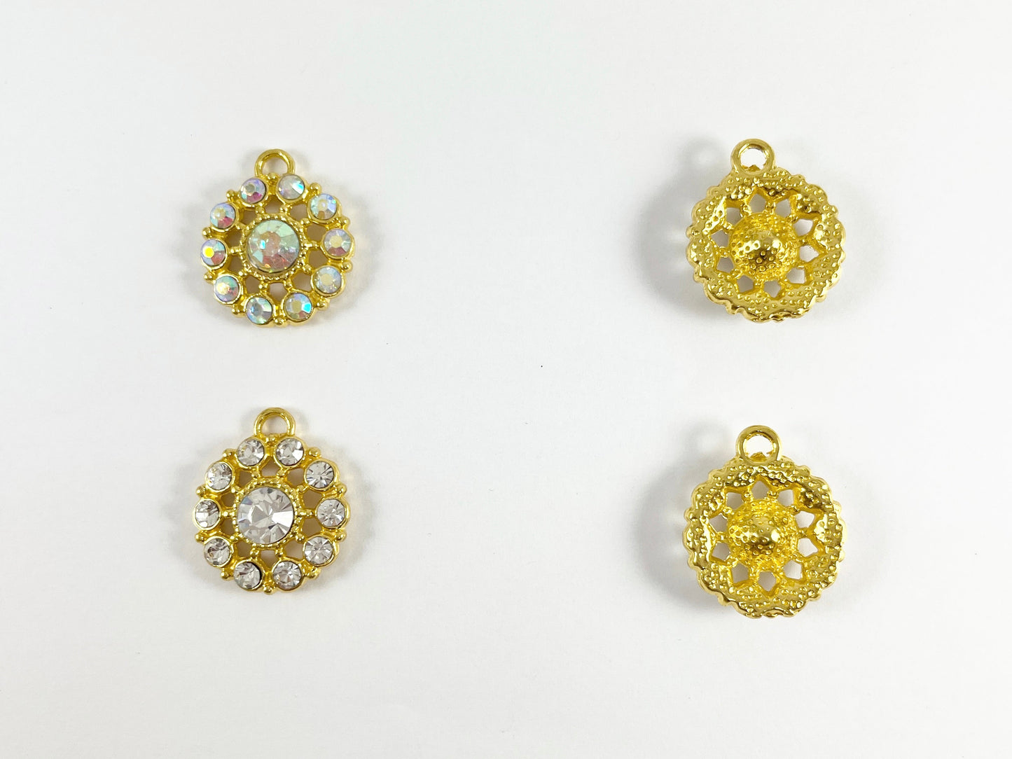 21mm Pewter Rhinestone Coin Flower Pendant Available in Gold , Silver and Brass, Clear and Clear AB