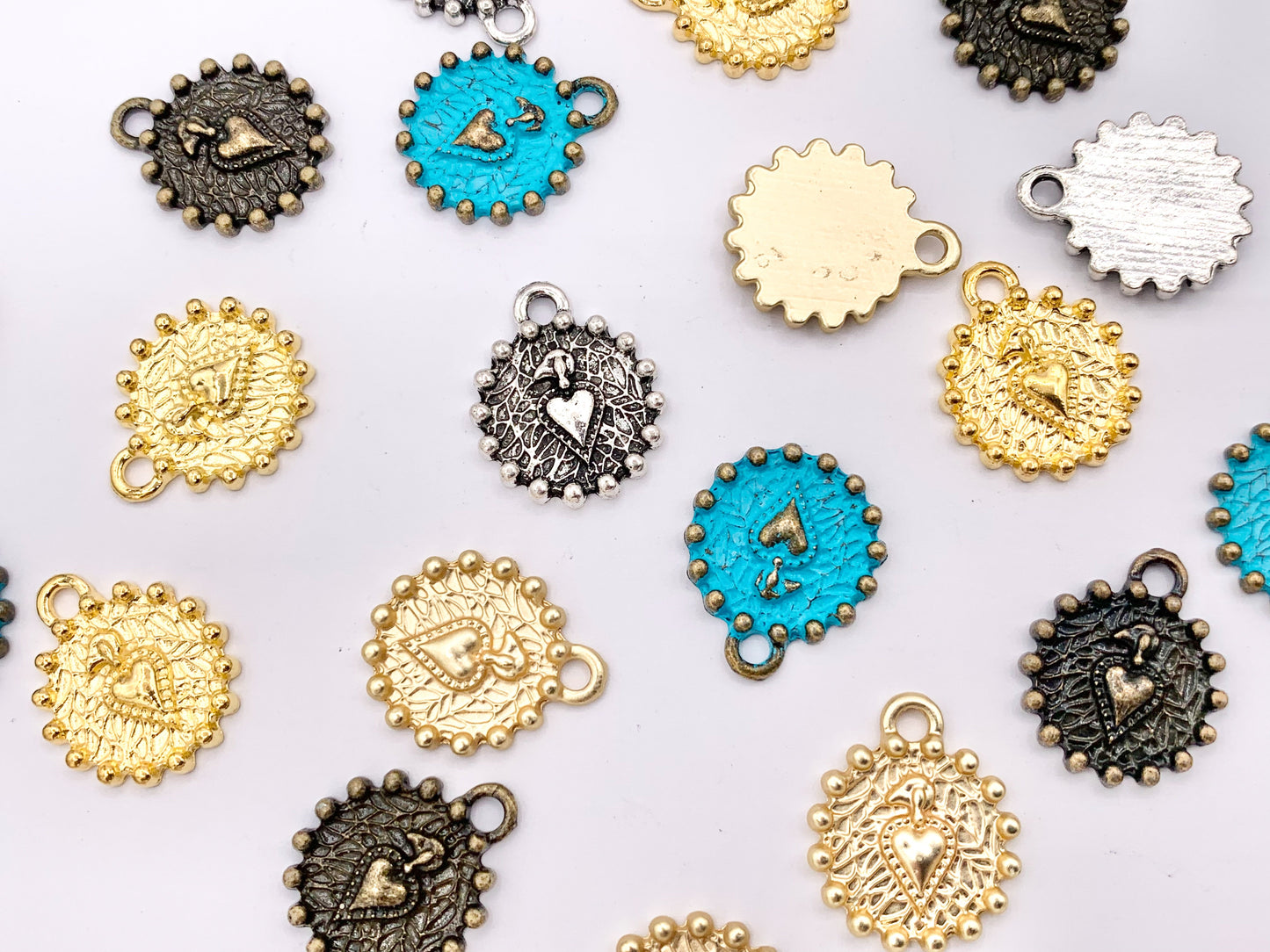 15mm Pewter Heart Coin Charms Valentine's Day Heart Pendants in Matte Gold, Gold, Silver, Bronze and Patina Color 20 PCS