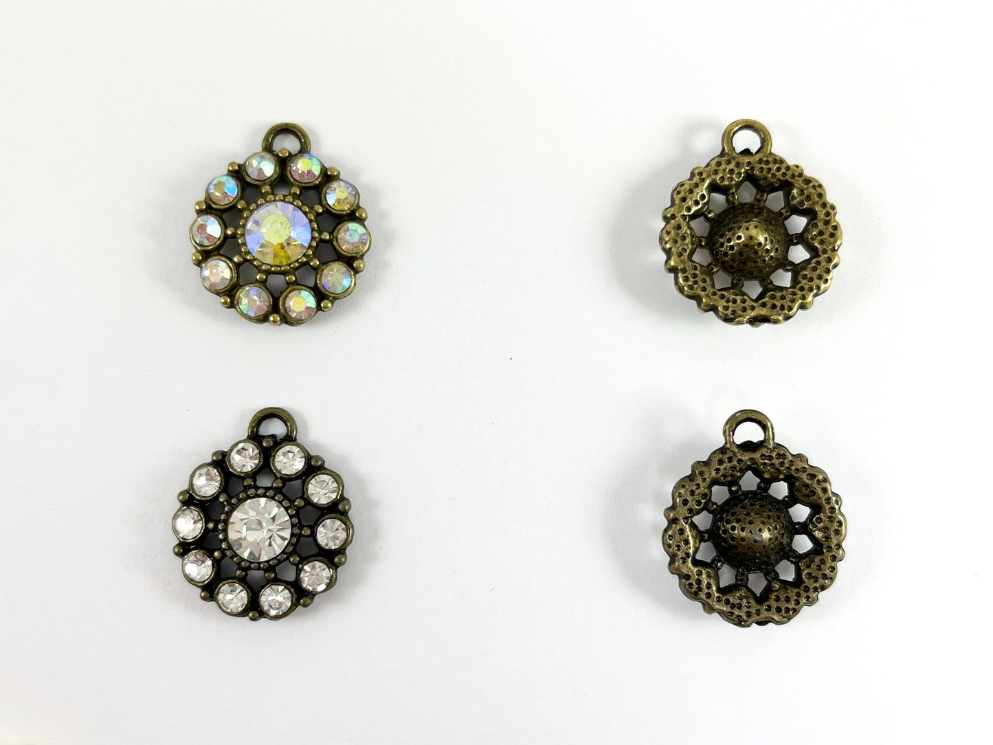 21mm Pewter Rhinestone Coin Flower Pendant Available in Gold , Silver and Brass, Clear and Clear AB