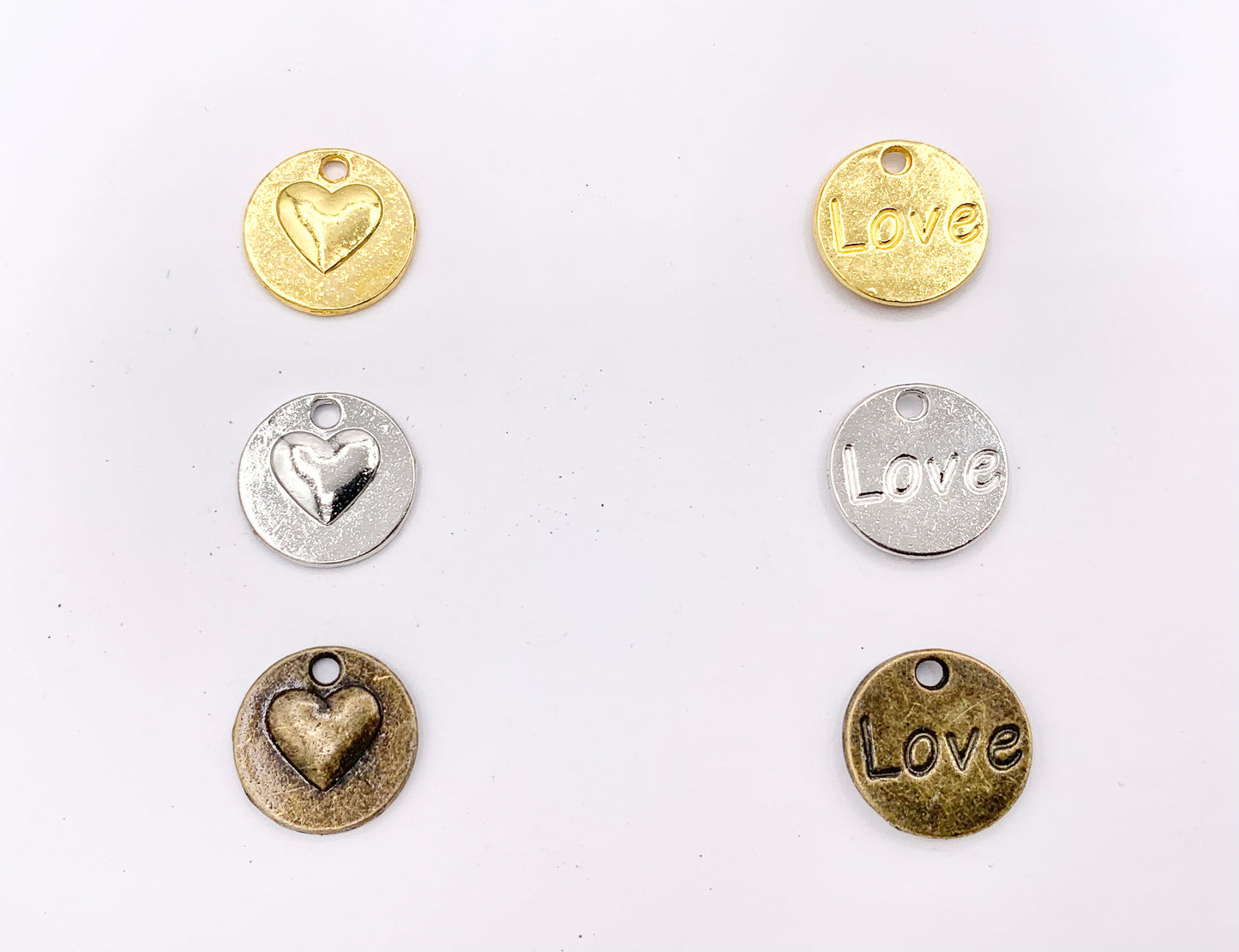 14mm Pewter Double Sided Heart LOVE Coin Charms Valentine's Day Heart Pendants in Gold, Silver, Bronze