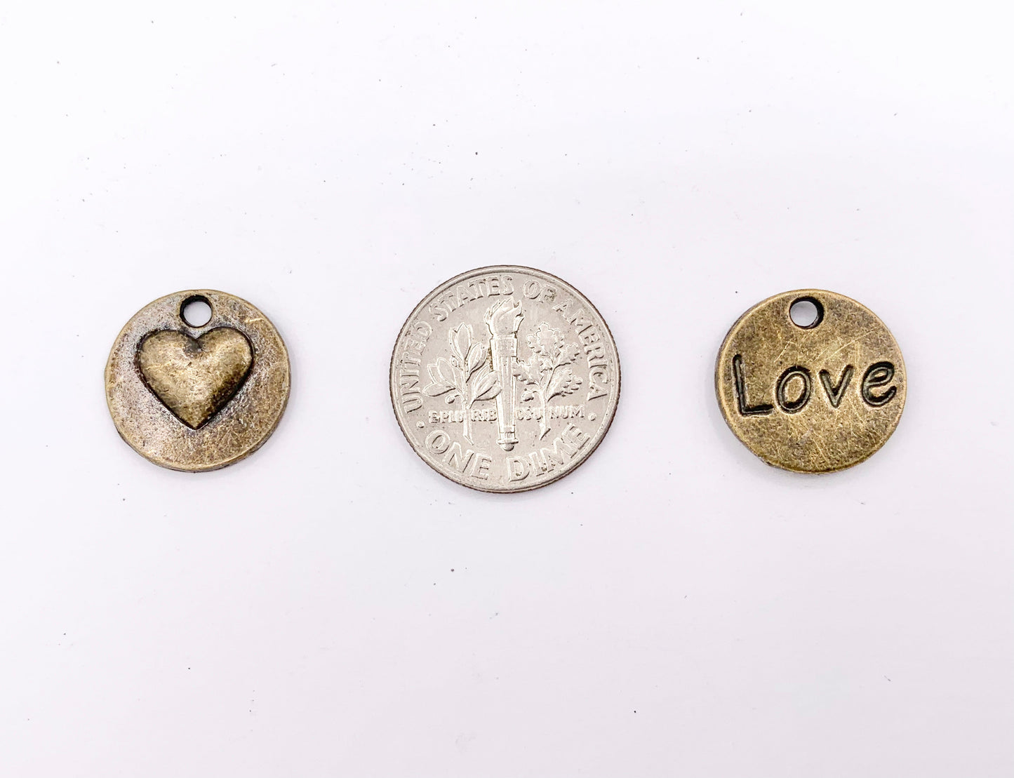 14mm Pewter Double Sided Heart LOVE Coin Charms Valentine's Day Heart Pendants in Gold, Silver, Bronze