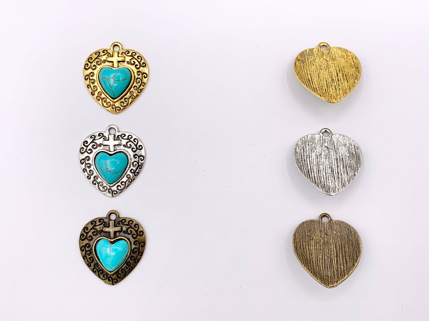 24x26mm Pewter Heart With Turquoise Charms Valentine's Day Heart Pendants in Gold, Silver and Bronze Color 15 PCS