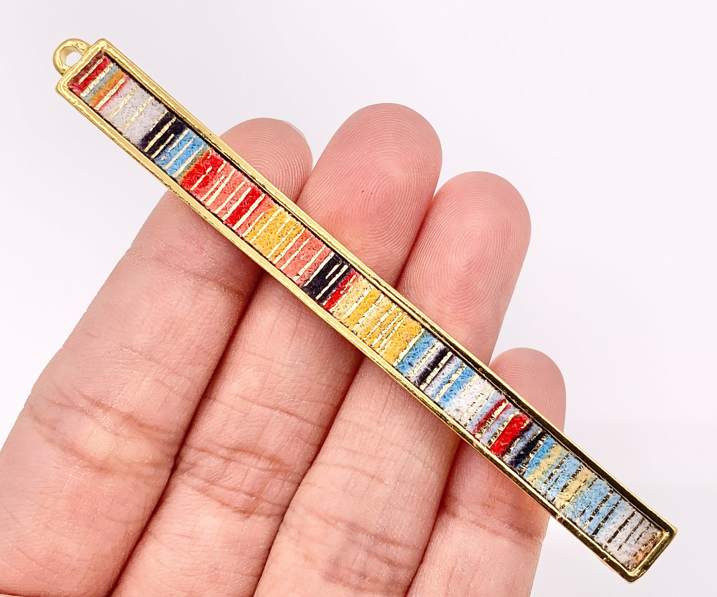 7x83mm/3.26 inches Pewter Hand Crafted Bar Pendants with Multicolor Fabric in Light Gold, Gold, Silver and Brass