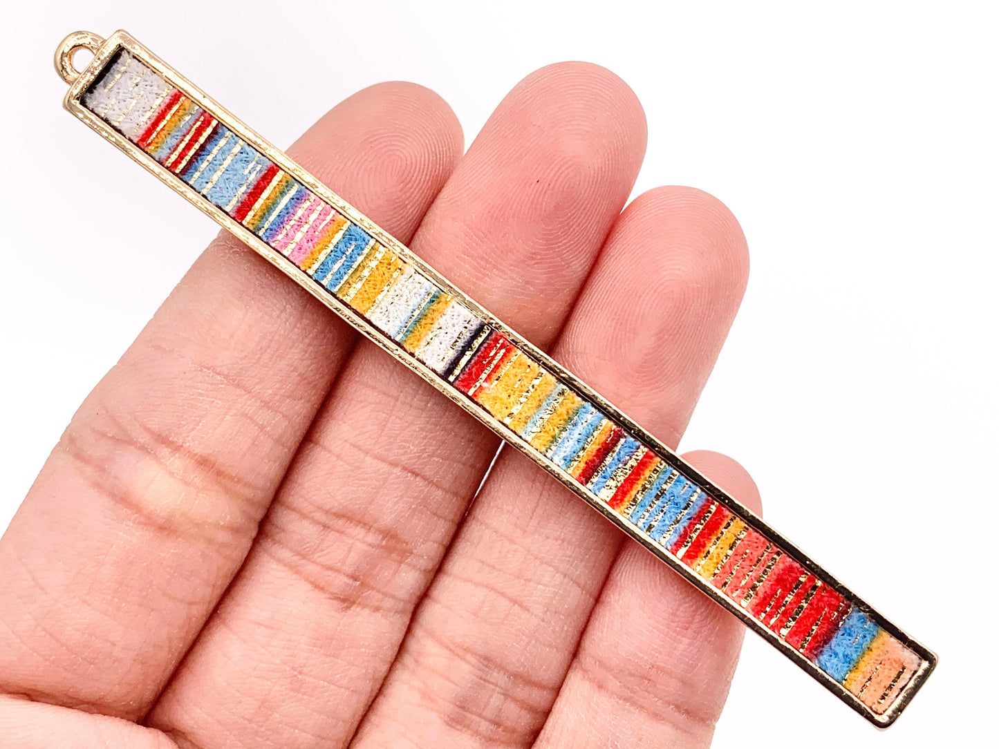 7x83mm/3.26 inches Pewter Hand Crafted Bar Pendants with Multicolor Fabric in Light Gold, Gold, Silver and Brass