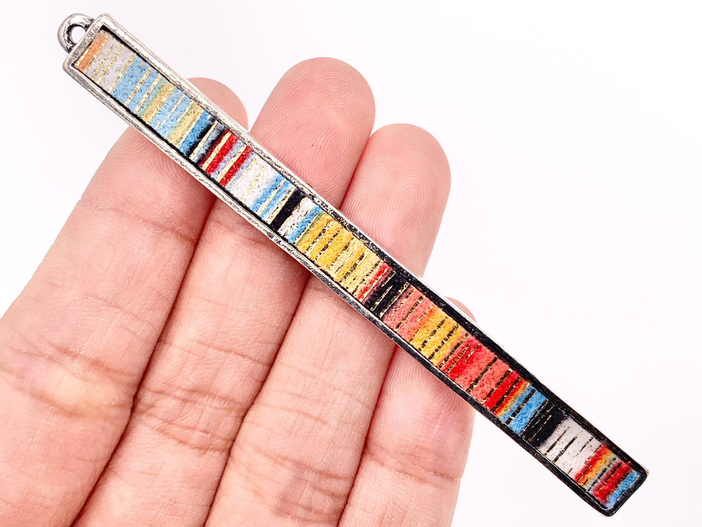 7x83mm/3.26 inches Pewter Hand Crafted Bar Pendants with Multicolor Fabric in Light Gold, Gold, Silver and Brass