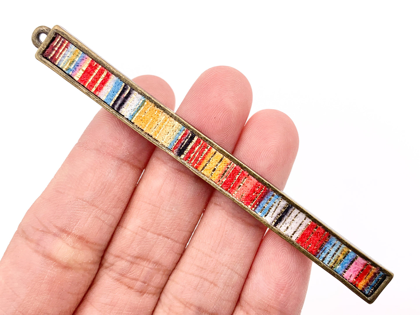 7x83mm/3.26 inches Pewter Hand Crafted Bar Pendants with Multicolor Fabric in Light Gold, Gold, Silver and Brass