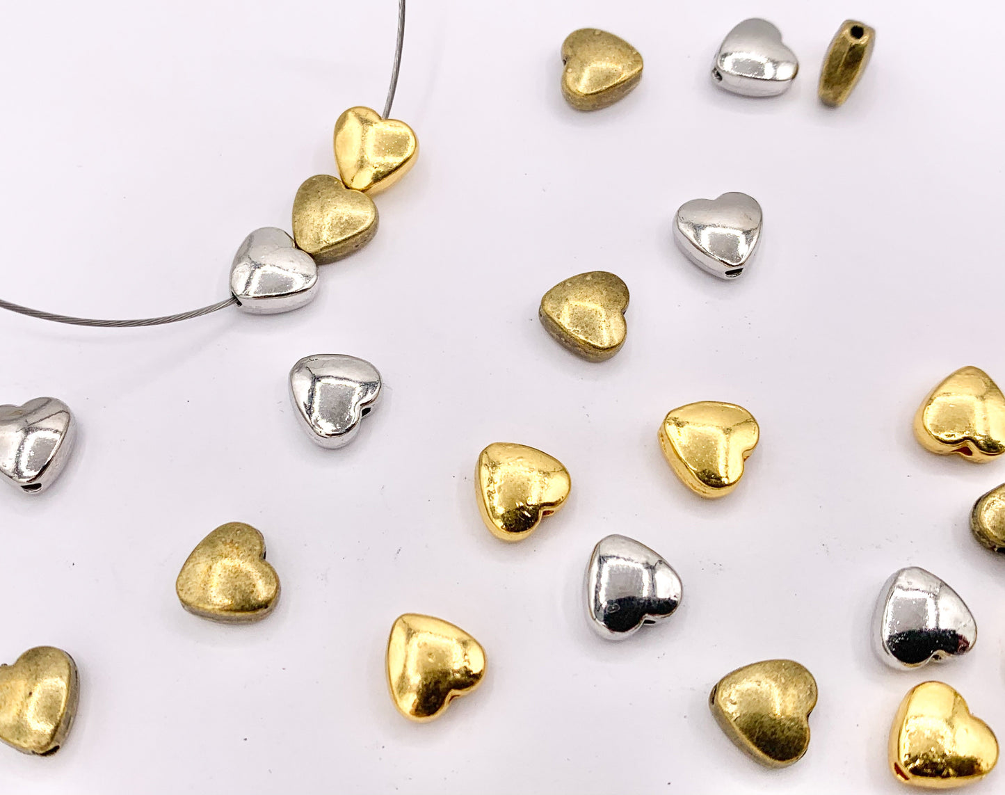 8mm Pewter Heart Spacer Beads Double Sided Puffy Valentine's Day Heart Space Beads in Gold, Silver, and Bronze Color