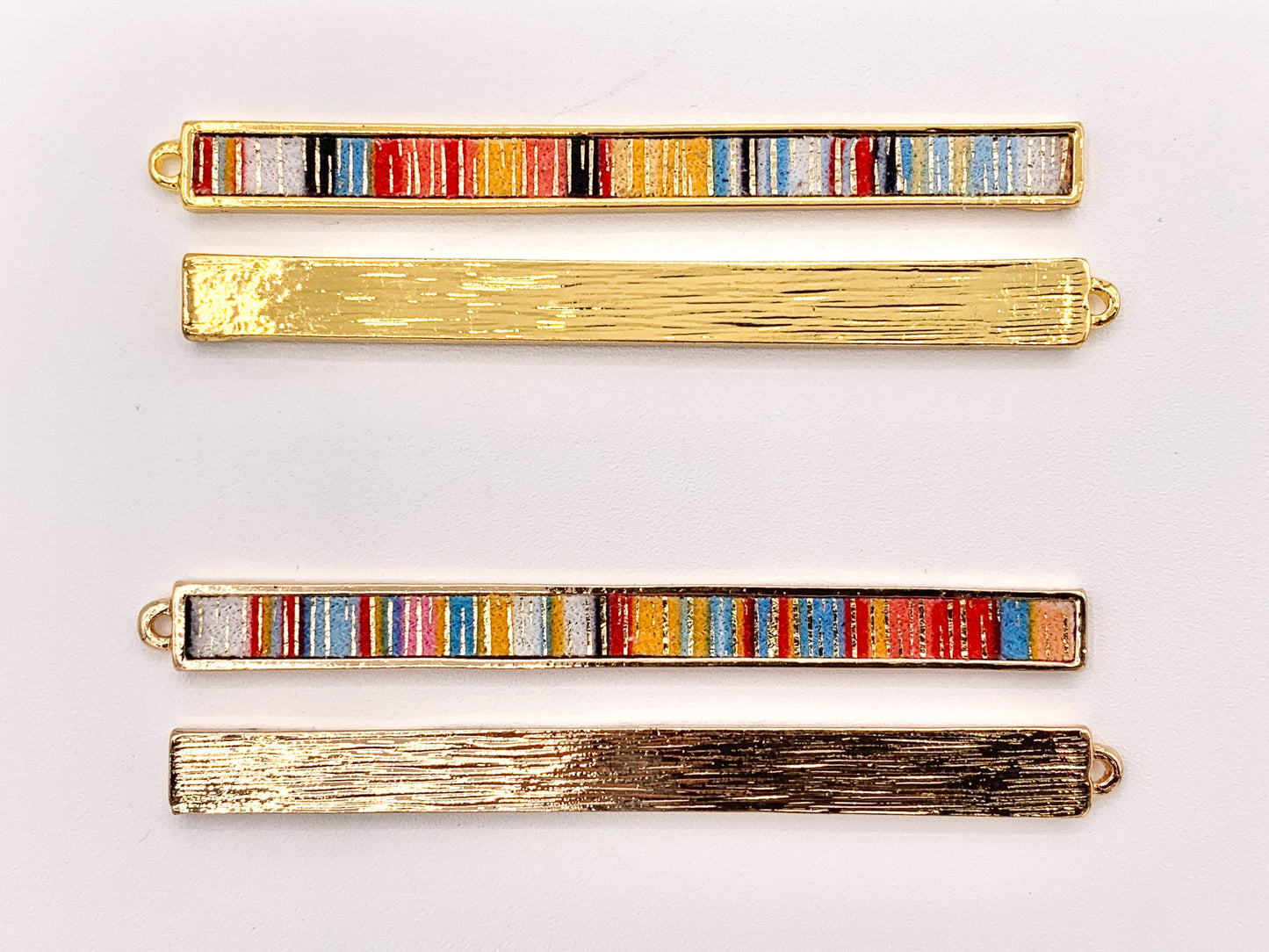 7x83mm/3.26 inches Pewter Hand Crafted Bar Pendants with Multicolor Fabric in Light Gold, Gold, Silver and Brass