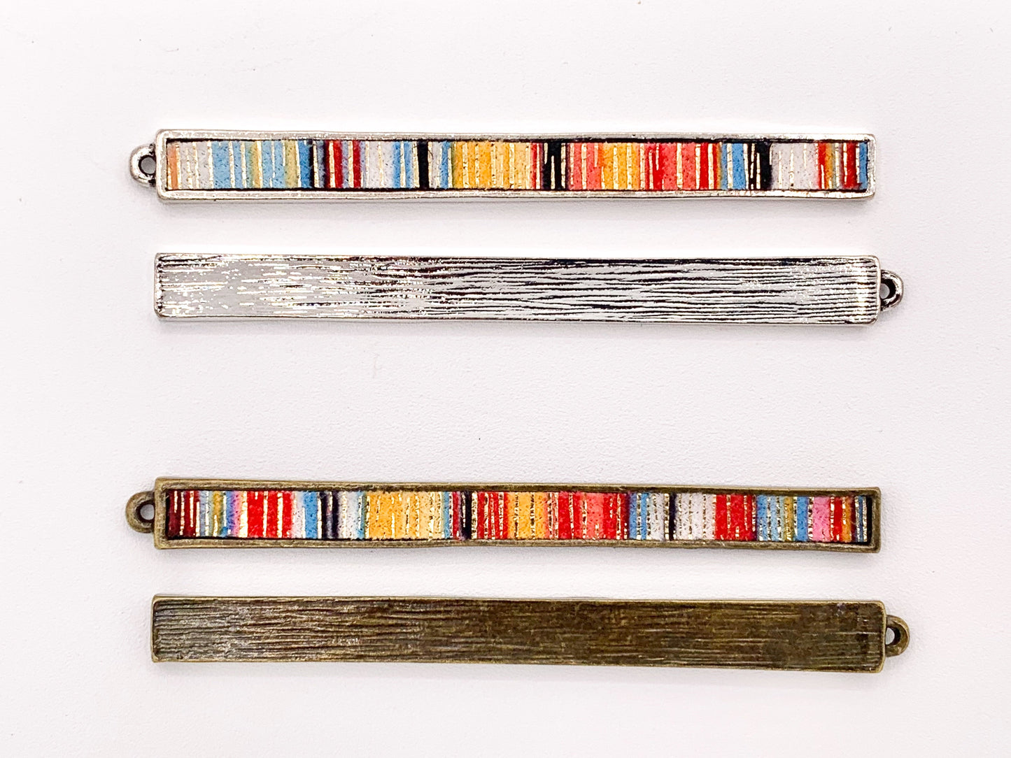 7x83mm/3.26 inches Pewter Hand Crafted Bar Pendants with Multicolor Fabric in Light Gold, Gold, Silver and Brass