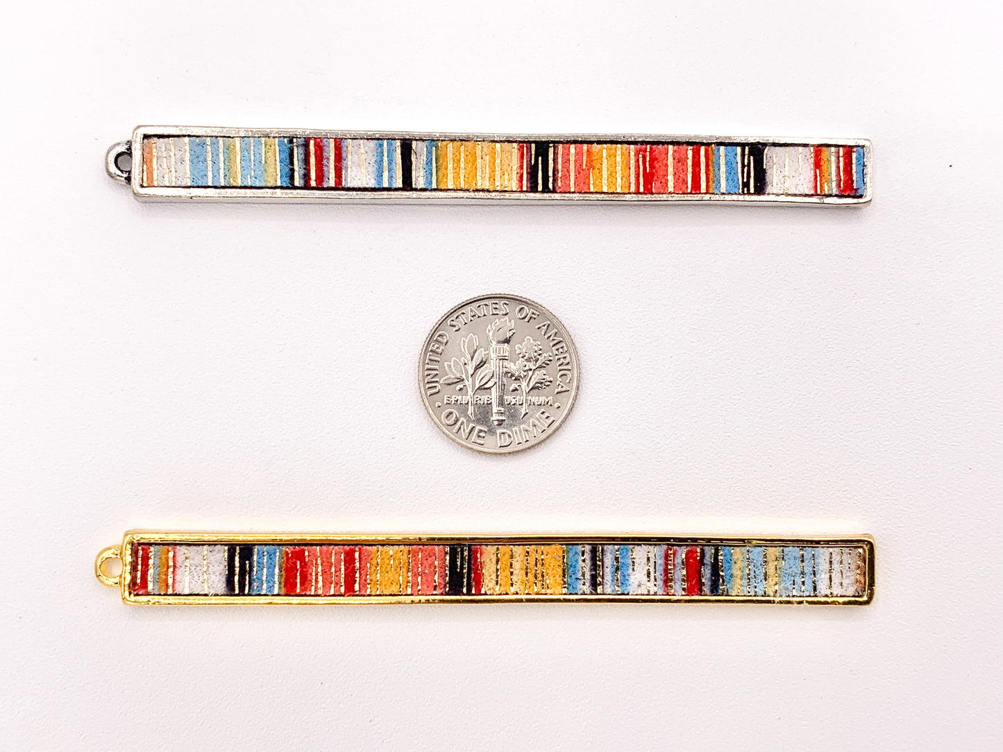 7x83mm/3.26 inches Pewter Hand Crafted Bar Pendants with Multicolor Fabric in Light Gold, Gold, Silver and Brass