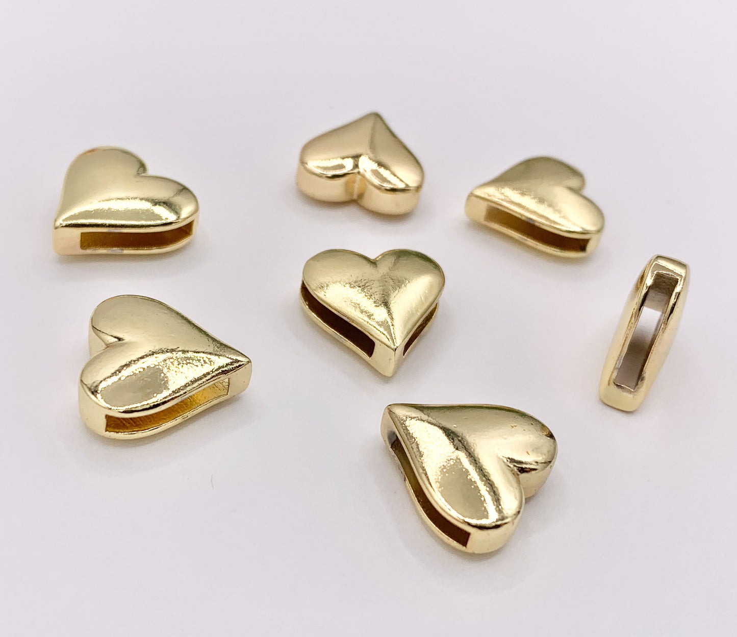 Plain Puffy Heart Slider Charms in 18K Gold plated Copper 10 PCS