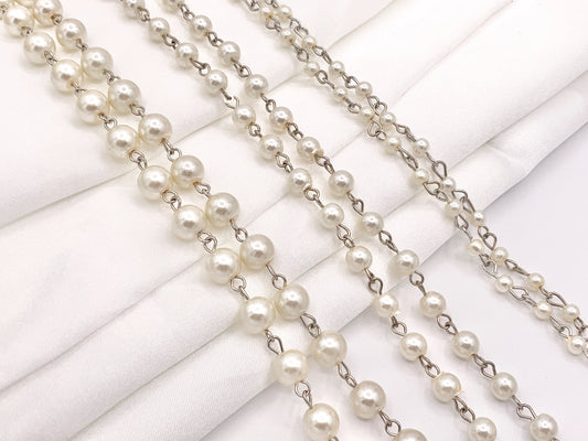 Vintage Glass Pearl Imitation White/Cream Pearl Rosary Style Beaded Chain With Silver Wire By Foot/Yard 4mm 6mm 8mm
