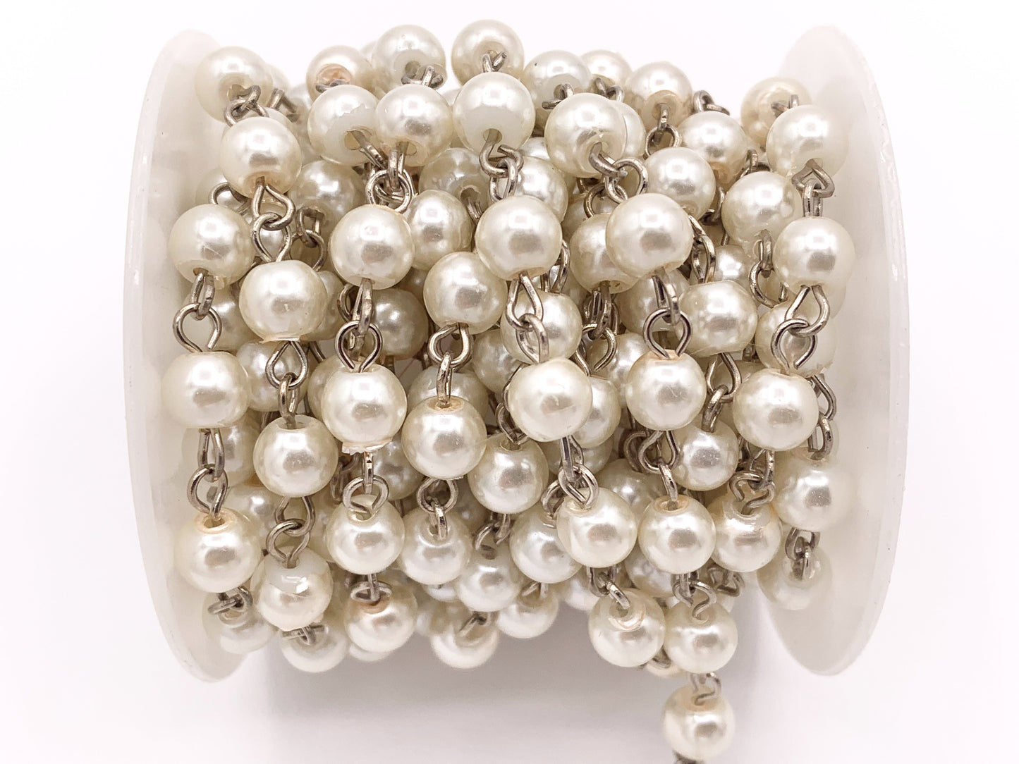 Vintage Glass Pearl Imitation White/Cream Pearl Rosary Style Beaded Chain With Silver Wire By Foot/Yard 4mm 6mm 8mm