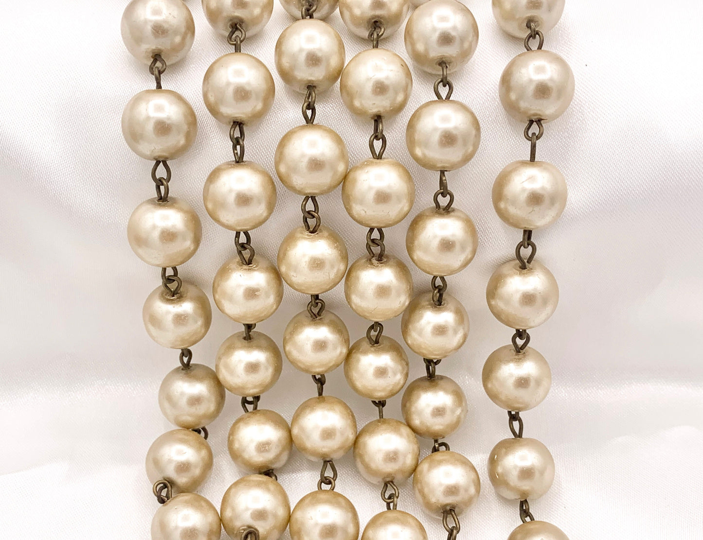 12mm Vintage Glass Pearl Large Imitation Champagne Pearl Rosary Style Beaded Chain With Brass Wire By Foot/Yard