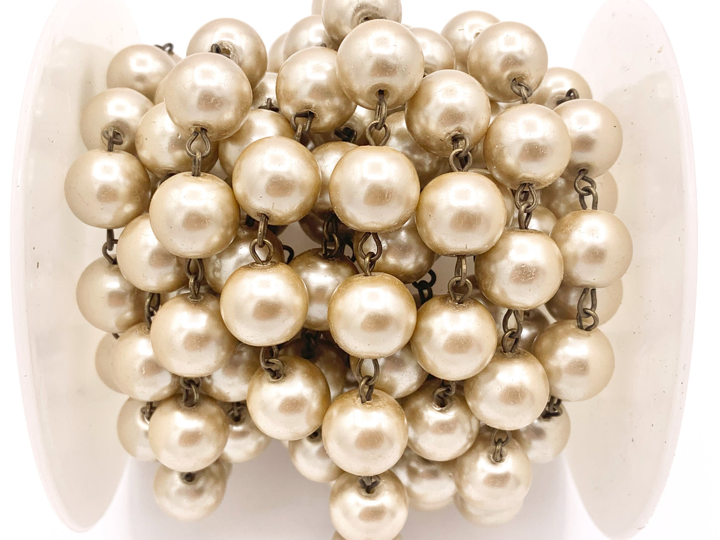 12mm Vintage Glass Pearl Large Imitation Champagne Pearl Rosary Style Beaded Chain With Brass Wire By Foot/Yard