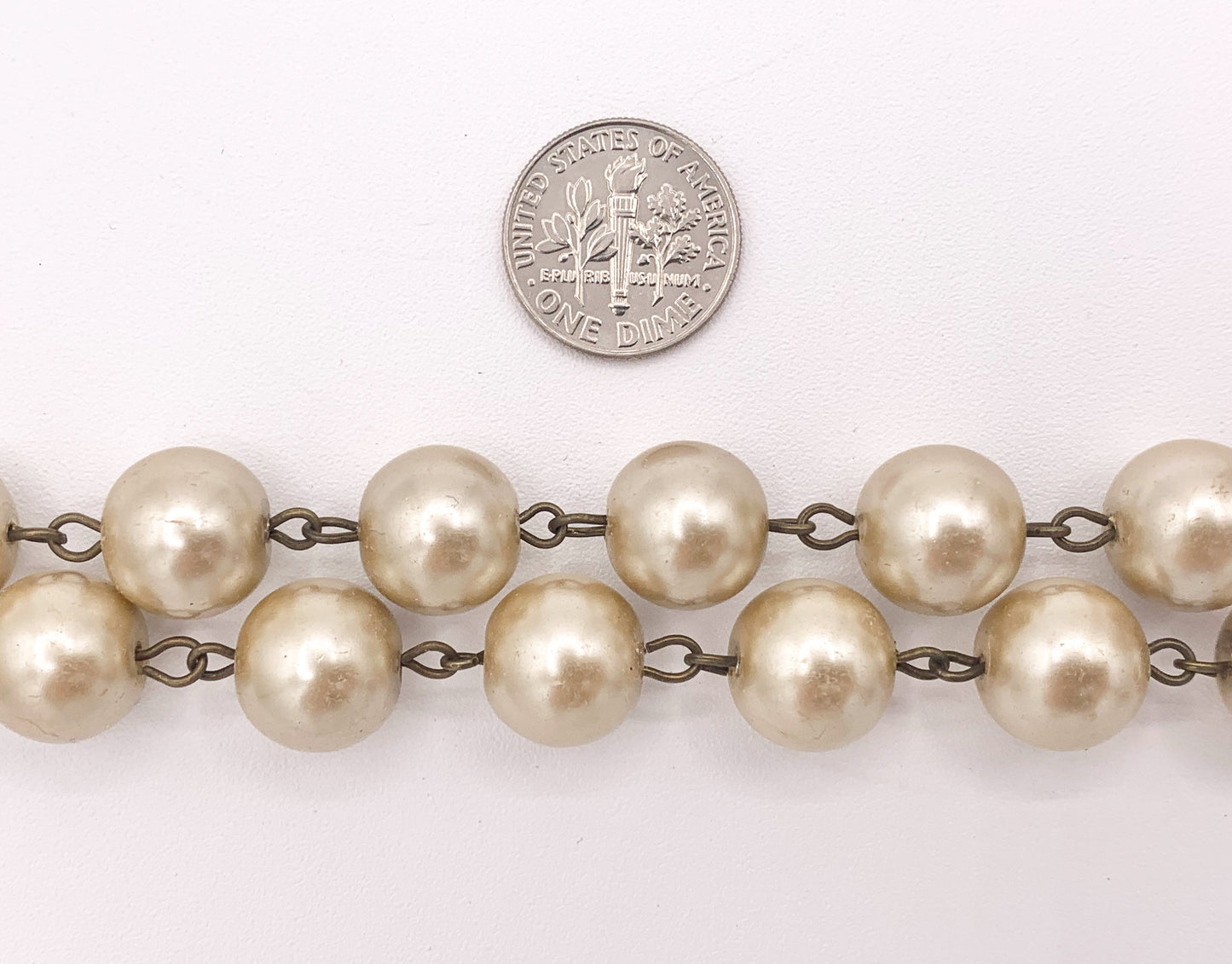 12mm Vintage Glass Pearl Large Imitation Champagne Pearl Rosary Style Beaded Chain With Brass Wire By Foot/Yard