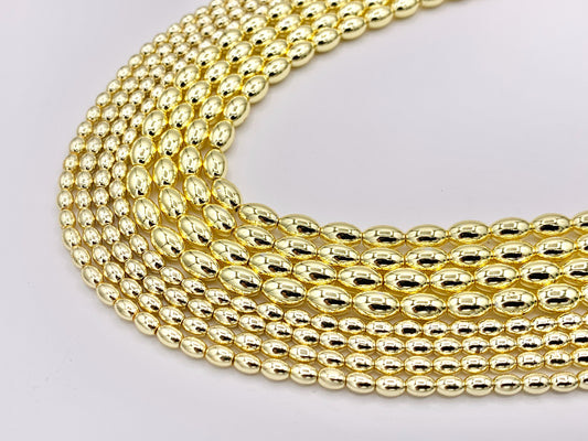 Hematite Puffy Rice Shape Shiny Beads | Real 18K Gold Plated Stone Beads 3mm 5mm Around 16"