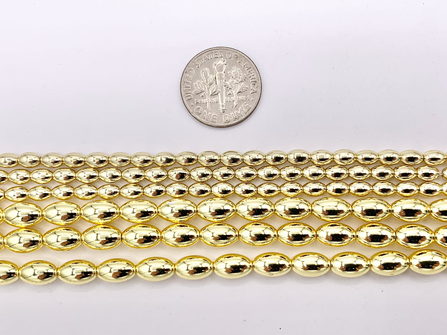 Hematite Puffy Rice Shape Shiny Beads | Real 18K Gold Plated Stone Beads 3mm 5mm Around 16"