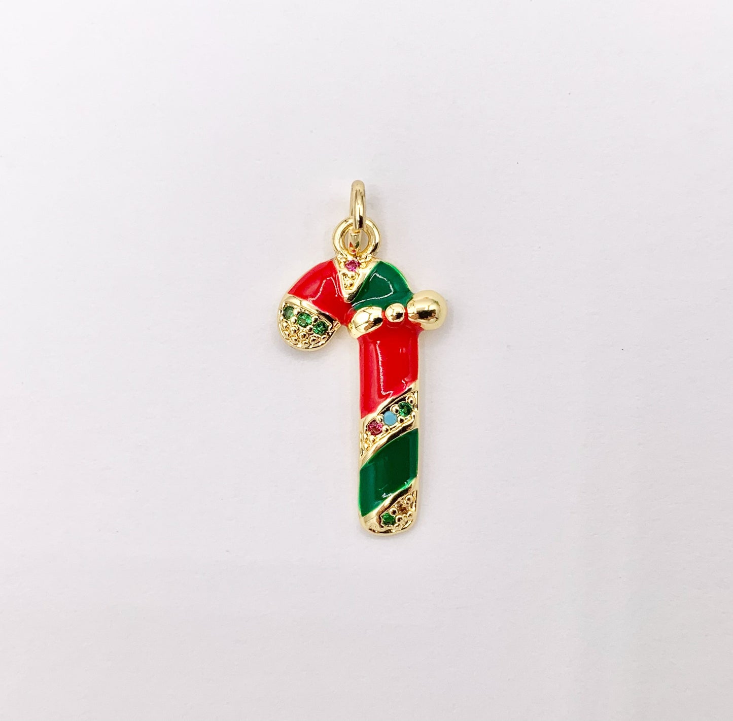 Cute Christmas Candy Cane Charm Holiday Enamel Pendant in Real Gold 18K Plated Micro CZ Pave Over Copper 5 PCS