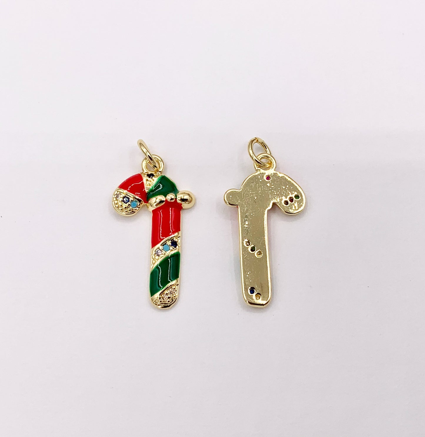 Cute Christmas Candy Cane Charm Holiday Enamel Pendant in Real Gold 18K Plated Micro CZ Pave Over Copper 5 PCS