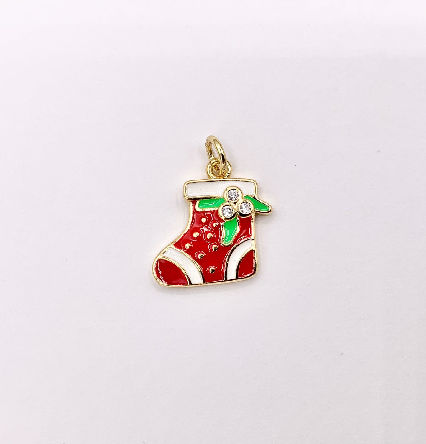 Cute Christmas Stocking Charm Holiday Enamel Pendant in Real Gold 18K Plated Micro CZ Pave Over Copper 5 PCS