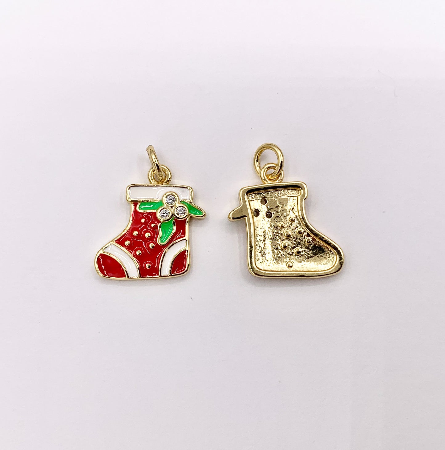 Cute Christmas Stocking Charm Holiday Enamel Pendant in Real Gold 18K Plated Micro CZ Pave Over Copper 5 PCS