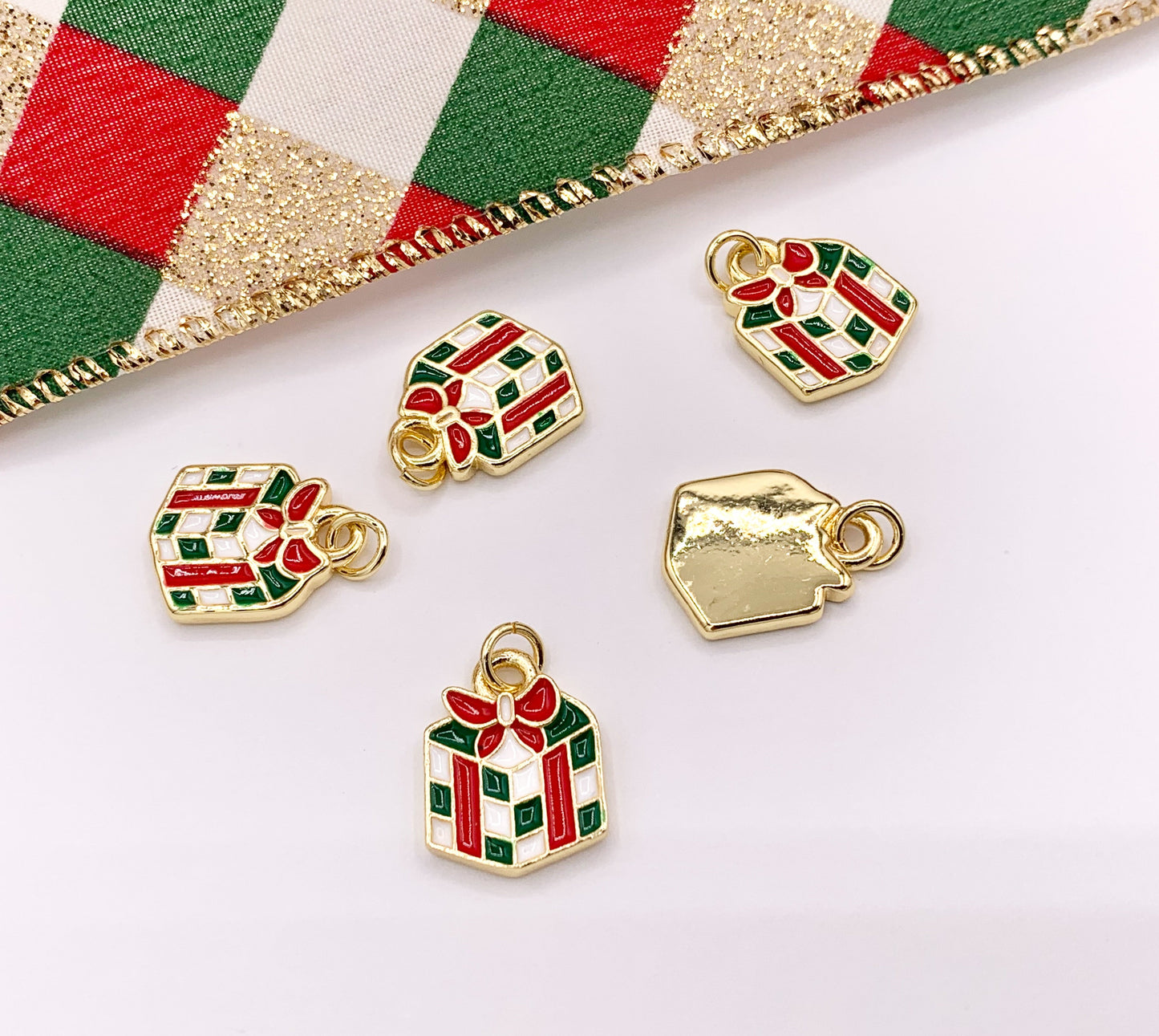 Cute Christmas Gift Box Charm Holiday Enamel Pendant in Real Gold 18K Plated Over Copper 5 PCS