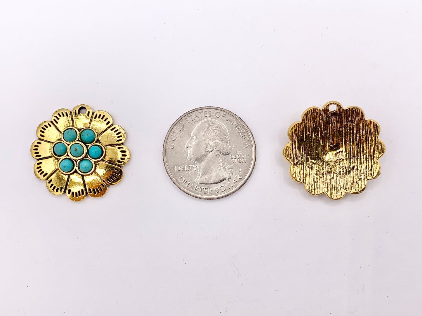25mm Pewter Flower With Turquoise Charms Cute Floral Pendants in Gold, Silver and Bronze Color 10 PCS