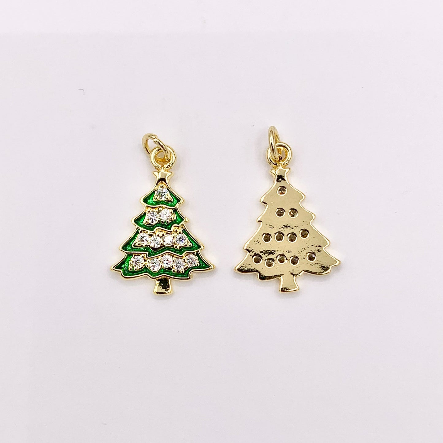 Green Enamel Christmas Tree Charm Holiday Pendant in Real Gold 18K Plated Micro CZ Pave Over Copper 5 PCS