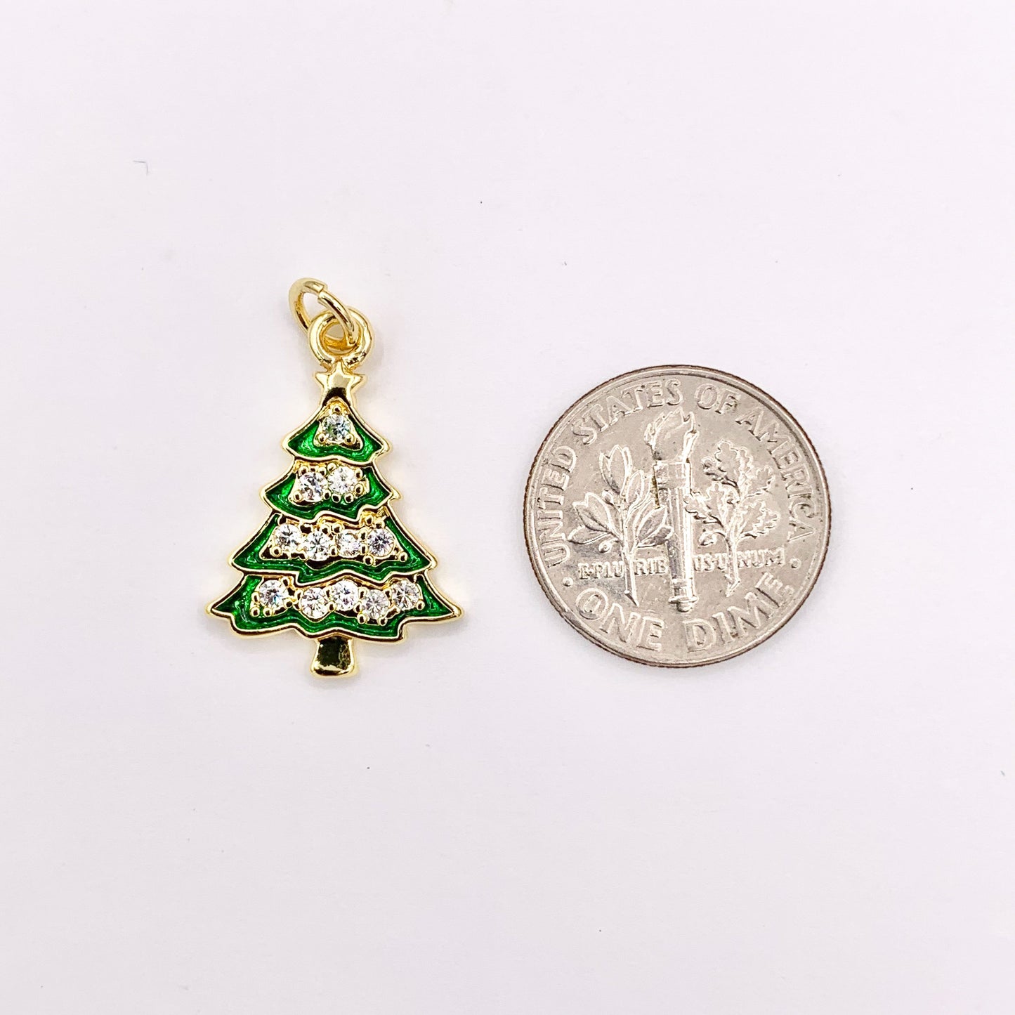 Green Enamel Christmas Tree Charm Holiday Pendant in Real Gold 18K Plated Micro CZ Pave Over Copper 5 PCS