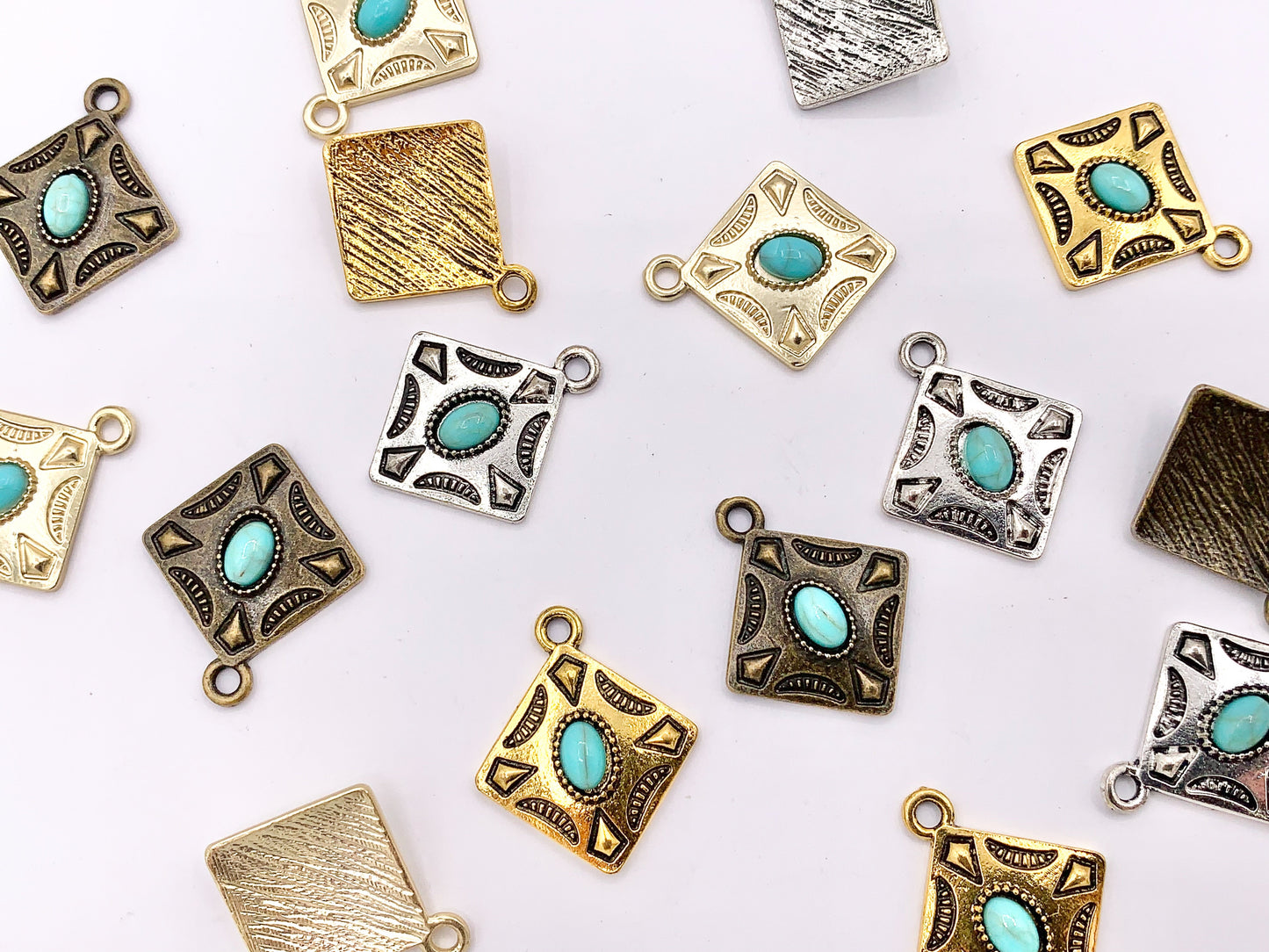 20mm Pewter Granny Square Pendants with Turquoise Howlite Cute Diamond Shape Charms in Gold, Silver, Bronze and Matte Gold Color