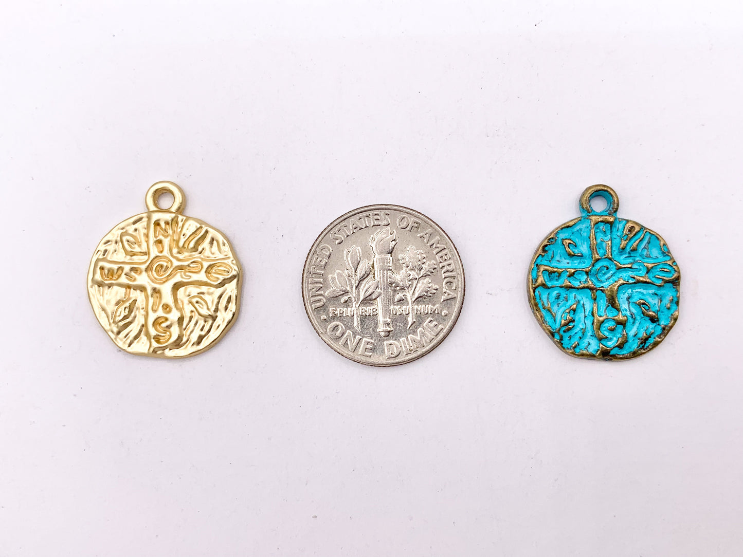 16mm Pewter Compass Charms Cute Carved Coin Pendants in Matte Gold, Gold, Silver, Bronze and Blue Patina Color