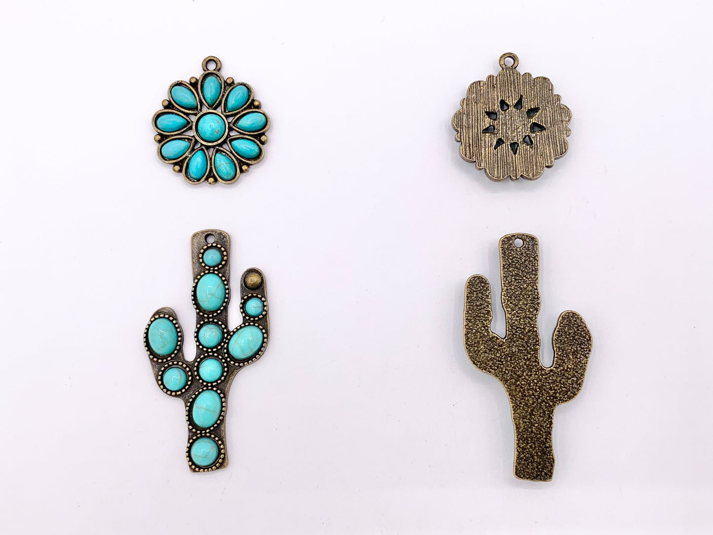 Pewter Flower/Cactus Charms With Turquoise Howlite Cute Floral Pendants in Silver and Bronze Color 6 PCS