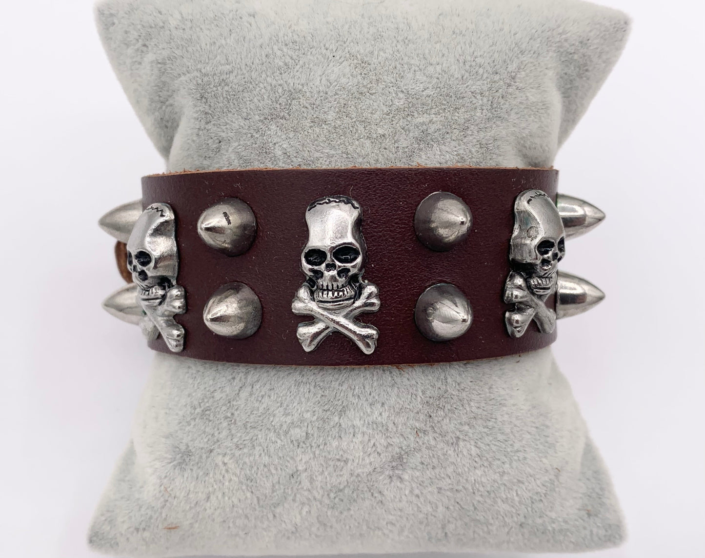 Genuine Greek Cow Leather Silver Spiked Skull Gothic Spiky Black & Brown Leather Wristband Cuff Bracelet 7"-8.5"
