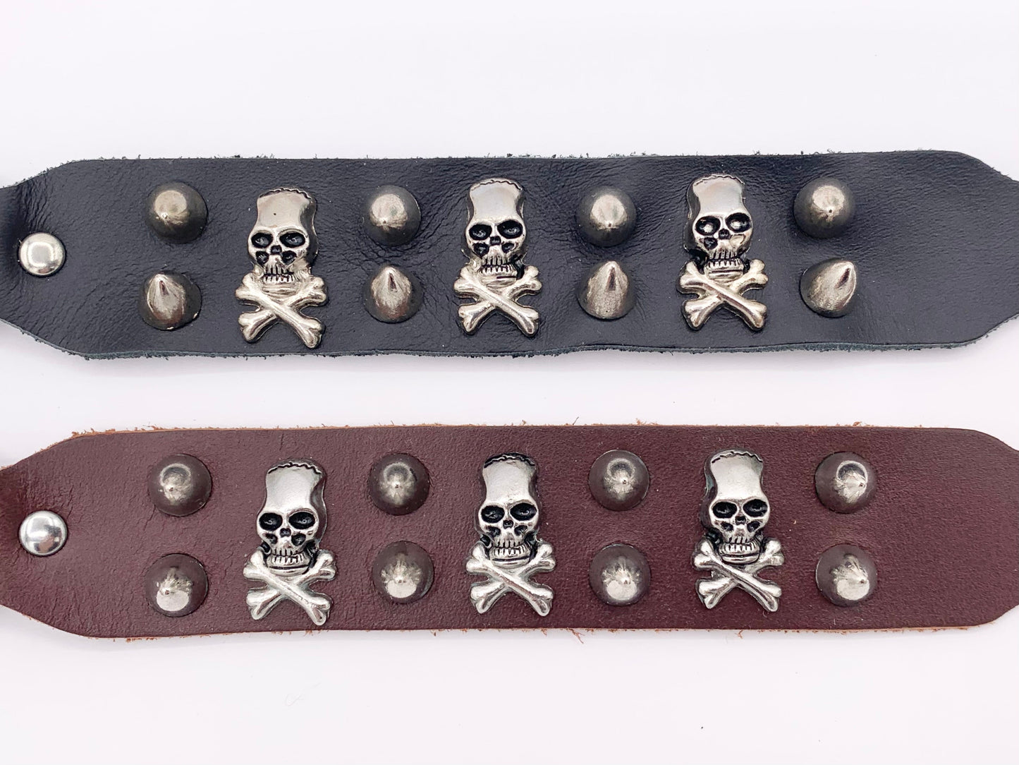 Genuine Greek Cow Leather Silver Spiked Skull Gothic Spiky Black & Brown Leather Wristband Cuff Bracelet 7"-8.5"