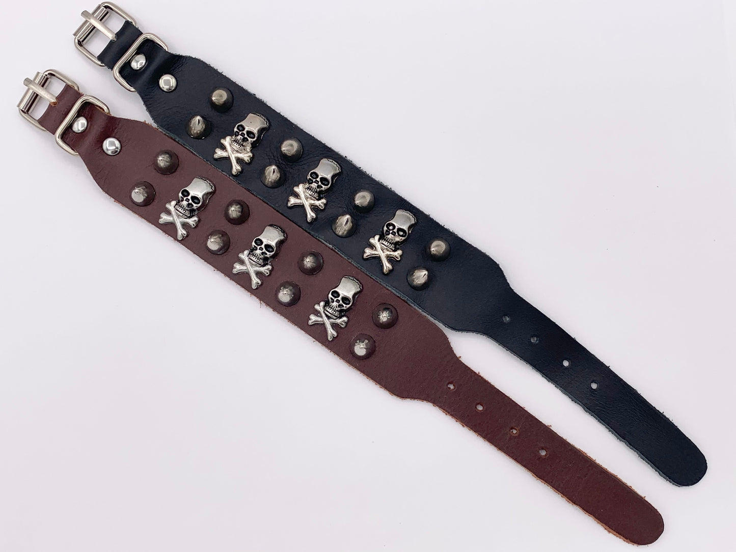 Genuine Greek Cow Leather Silver Spiked Skull Gothic Spiky Black & Brown Leather Wristband Cuff Bracelet 7"-8.5"