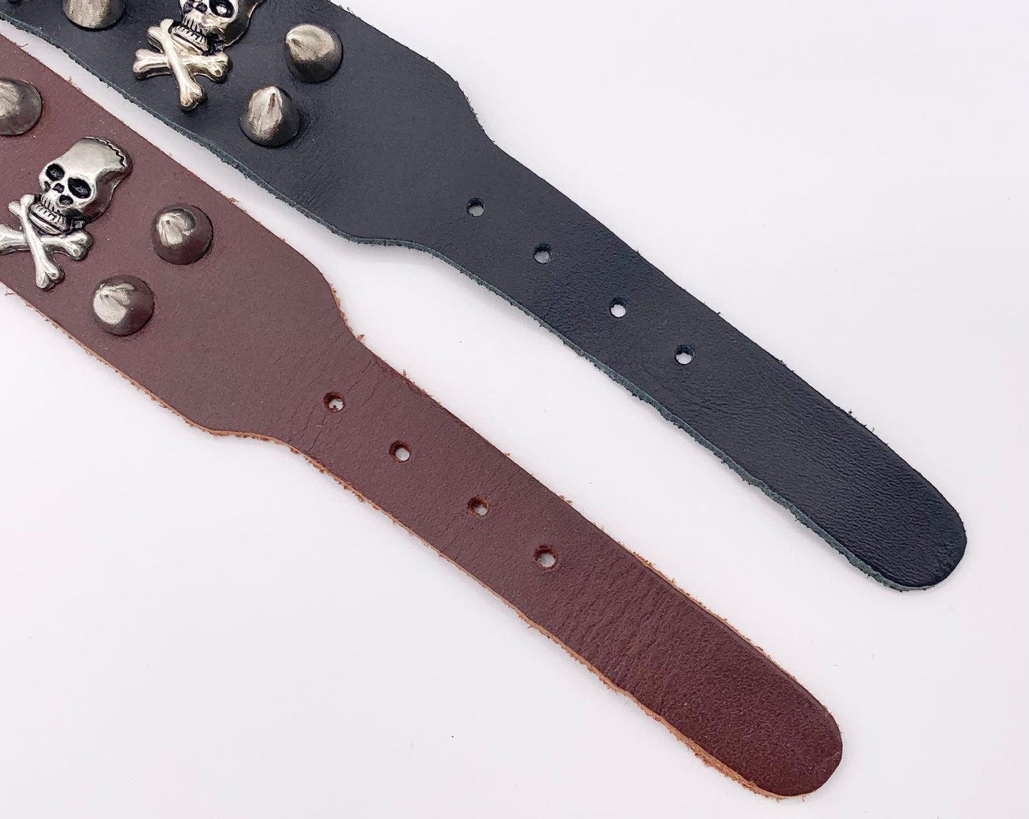 Genuine Greek Cow Leather Silver Spiked Skull Gothic Spiky Black & Brown Leather Wristband Cuff Bracelet 7"-8.5"