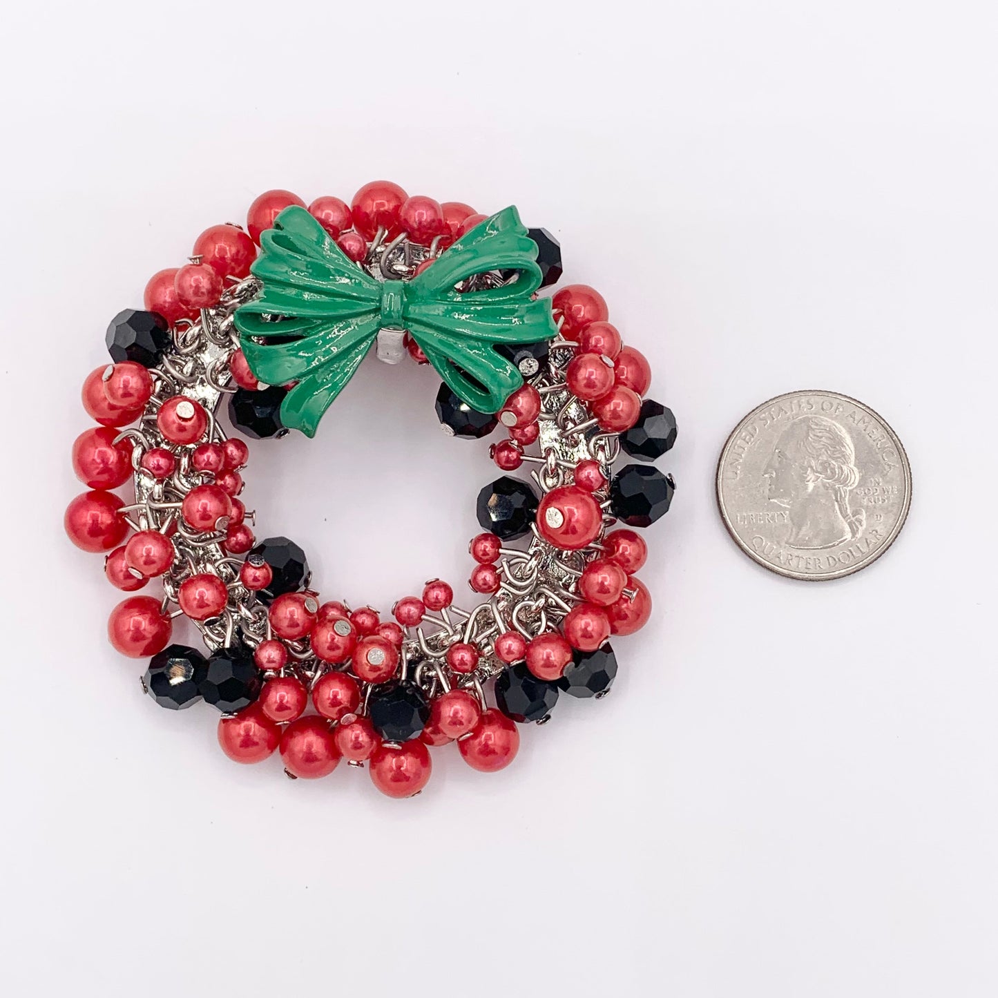 Dangle Beaded Christmas Wreath Holiday Decoration Red and Green Pendant With Crystal & Imitation Pearls