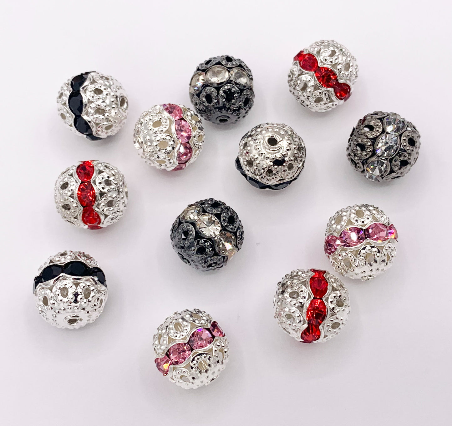 11.5-12mm Gunmetal & Silver Filigree Round Spacers with Crystal Beads | Available in 4 Colors  8-10 PCS