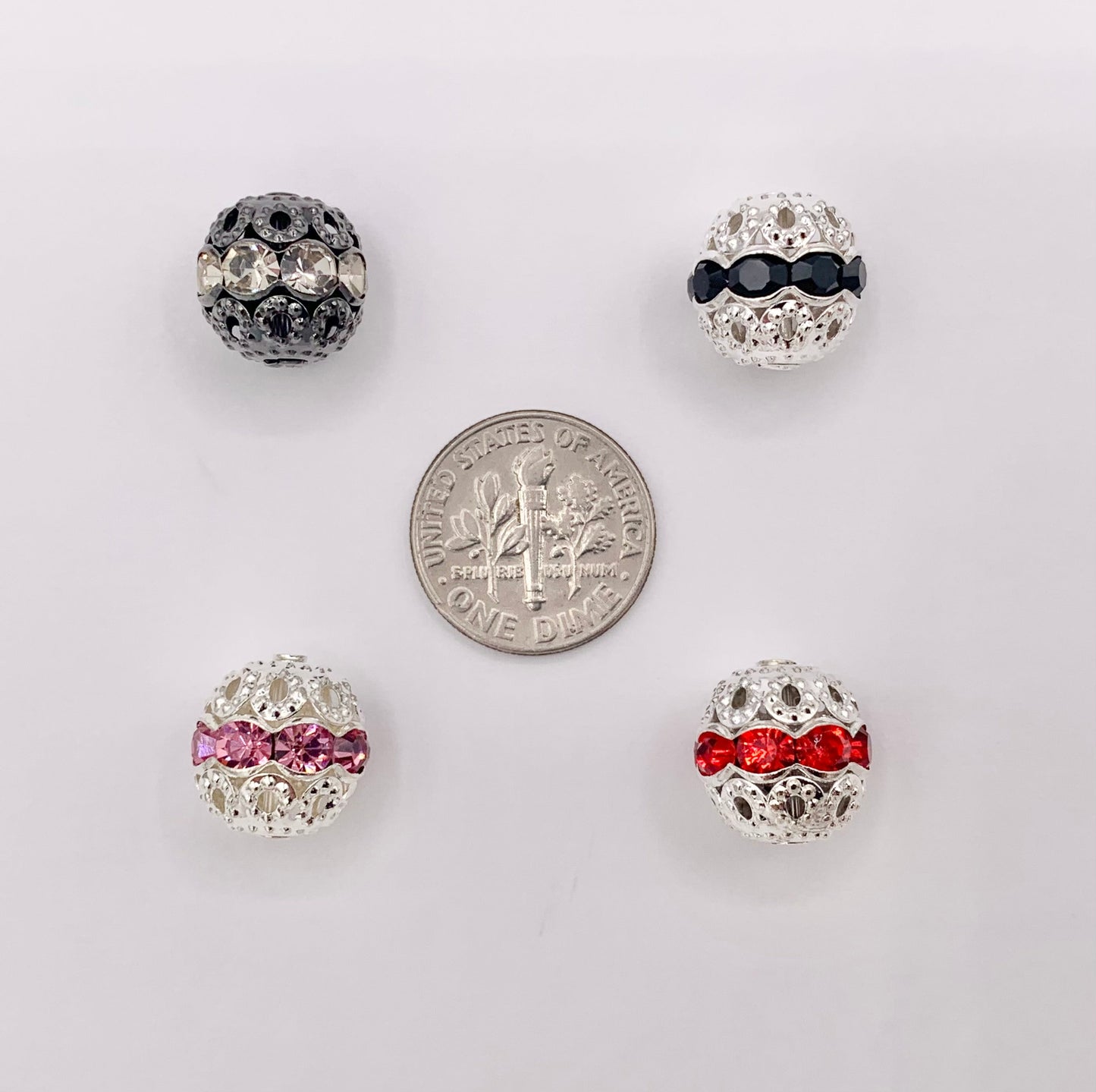 11.5-12mm Gunmetal & Silver Filigree Round Spacers with Crystal Beads | Available in 4 Colors  8-10 PCS